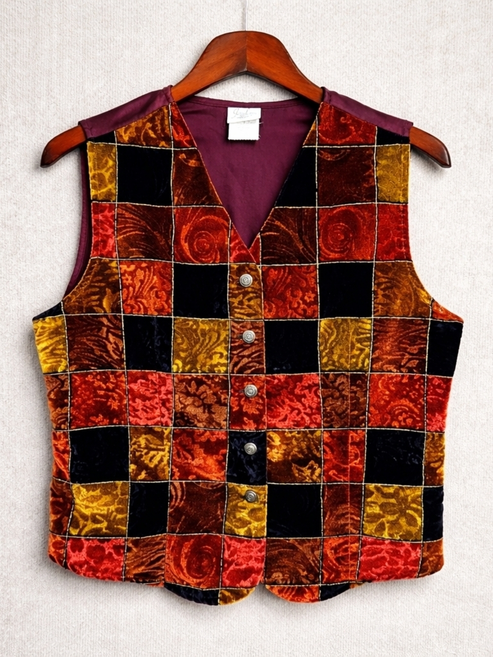 Vintage Jaclyn Smith Velvet Patchwork Vest Medium Button Front Boho Retro 90s